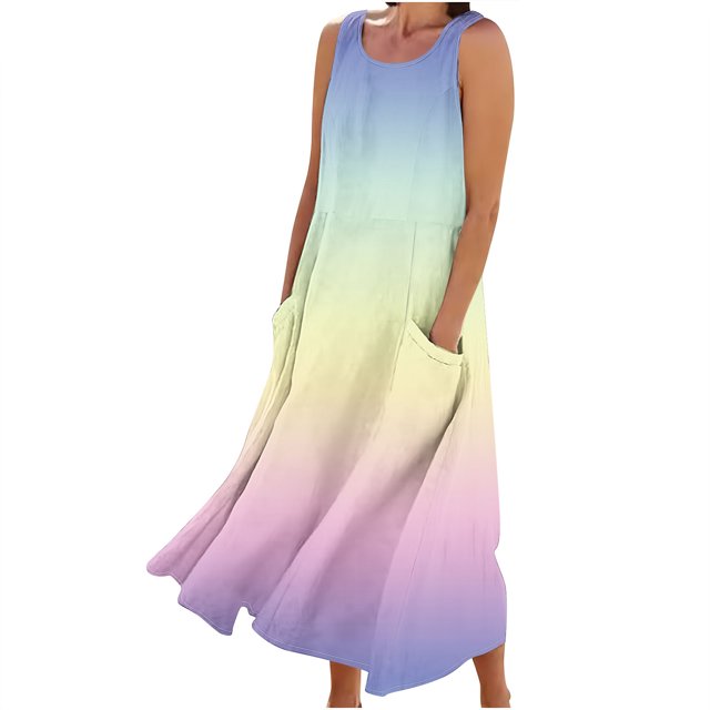 FAIWAD Robes d'Été Grande Taille pour Femmes 2024 Sans Manches Décontractées Robe Maxi Dégradé Boho Plage Robe Débardeur