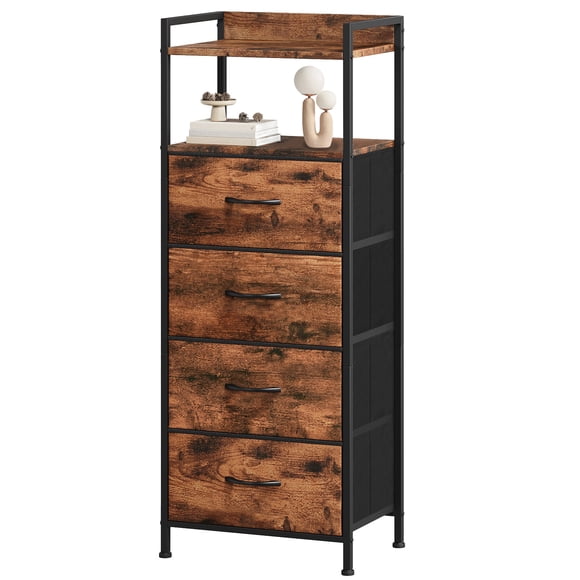 Eunos Table de Nuit Haute, Commode Verticale à 4 Tiroirs en Tissu pour Chambre, Salon, Couloir, Imprimé Grain de Bois