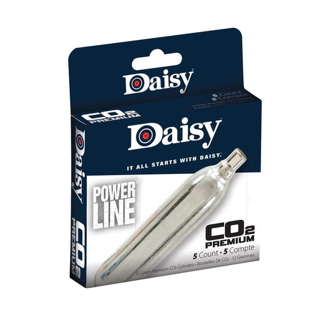Daisy Powerline Cylindres de CO2 de 12 Grammes de Qualité Supérieure, Boîte de 5 Unités avec Emballage Bleu Foncé et Blanc Montrant un Cylindre de CO2 Argenté, Conçu pour une Puissance de Pistolet à Air Constante et des Tirs Prolongés, Convient au Tir sur Cible et au plinking Récréatif.
