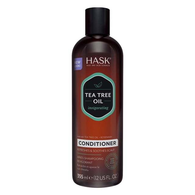 HASK Revitalisant Vivifiant à l'Huile d'Arbre à Thé et au Romarin 355 ml en Bouteille Ambre Foncé avec Bouchon Noir, avec une Étiquette Verte et Noire, Formulé pour Rafraîchir et Apaiser le Cuir Chevelu Tout en Hydratant et en Adoucissant les Cheveux, Souvent Utilisé pour Réhydrater le Cuir Chevelu et les Brins Secs.