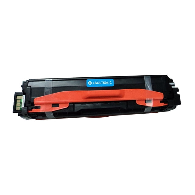 L-ink Compatible Samsung CLT-C504S Cyan Toner Cartridge with a black plastic body and orange handle, showing a blue LSCLT504 C label and chip on the left side, compatible with Samsung CLP415NW and CLX4195FW printers, delivering clear, crisp prints with an 1,800 page yield.