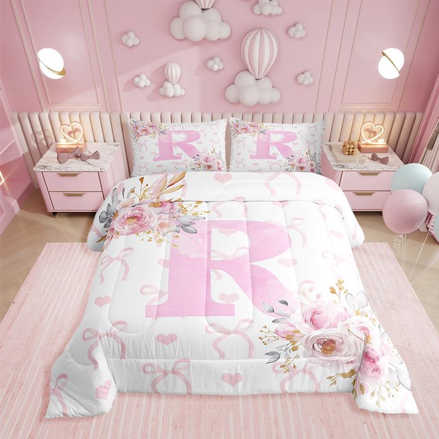 Erosebridal Girls Pink Rose Comforter Sets Twin Size, Initial R Letter Comforters & Duvets, Cartoon Decor, Reversible 2 Pieces