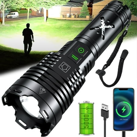 Rechargeable Led Flashlights 5200.000 High Lumens Super Bright Flashlight True Powerful Tactical Flashlight Up To 24H Long Battery Life Zoomable 6 Light Modes Ip67 Water Resistant For Home Camping