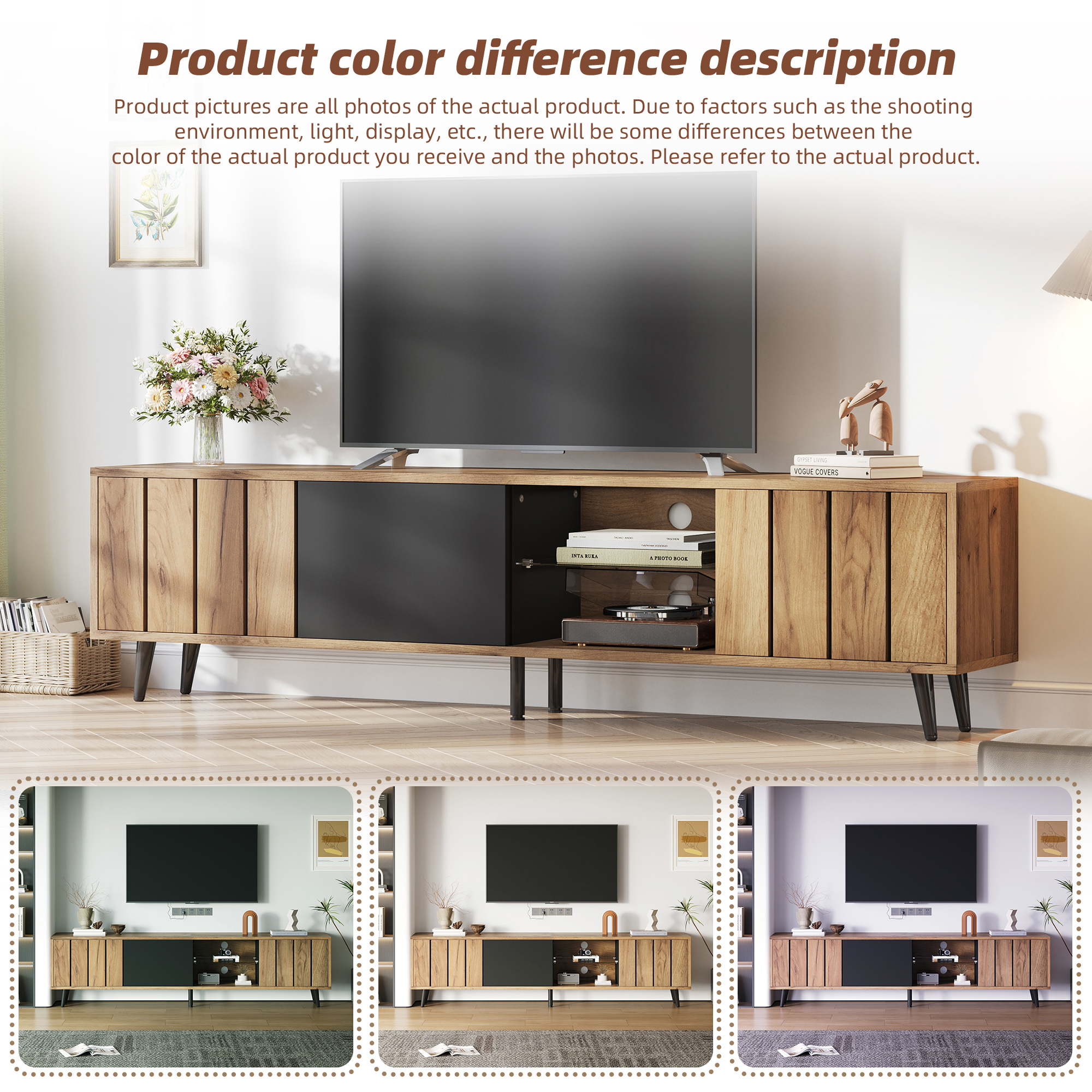 Homy Casa Meuble TV 65 po, Console multimédia avec portes, tablette en verre trempé, passe-câbles, bois et noir