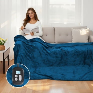 SUNNY HEAT Heated Electric Blanket Full Size 72"X84"Soft Flannel & Cotton, 10 Heating Levels & 1-12 Hours Auto Off, Blue