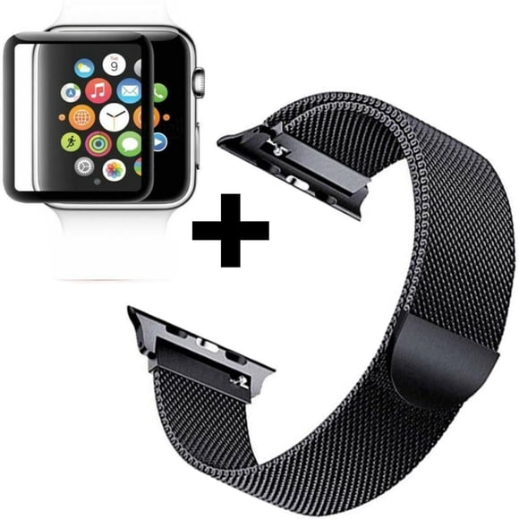 Apple Watch 44mm Band Stainless Steel Magnetic Loop Watch Band Screen Protector Milness Strap for iWatch SE Ultra Series 8 7 6 5 4 3 2 1 - Black