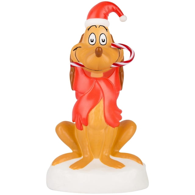 Christmas Lighted Blow Mold Decor Max 12" Dr. Seuss featuring a front-facing blow mold dog figure wearing a red Santa hat and scarf, holding a red and white candy cane in its mouth, seated on a white base resembling snow, suitable for indoor holiday decoration.