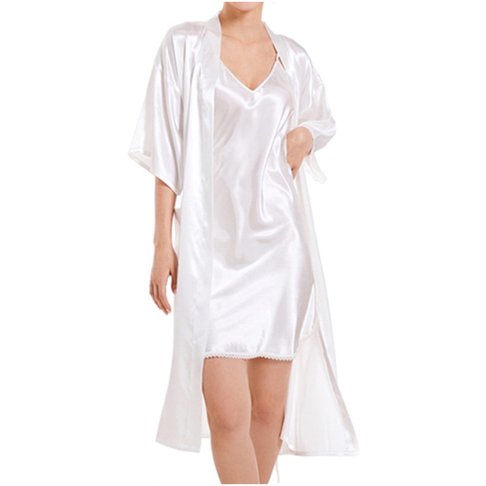 Timegard Ensembles de Pyjamas 2 Pcs pour Femmes, Peignoir à Manches 1/2 Ouvert à l'Avant, Robe de Maison Courte à Bretelles à Col en V, Ensembles de Détente