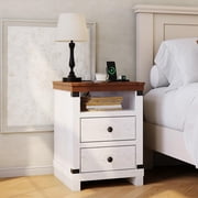Farmhouse Nightstand with Charging Station, Bedside Table with 2 Drawers & Open Shelf, USB Ports & Outlets, White End Table for Bedroom Living Room