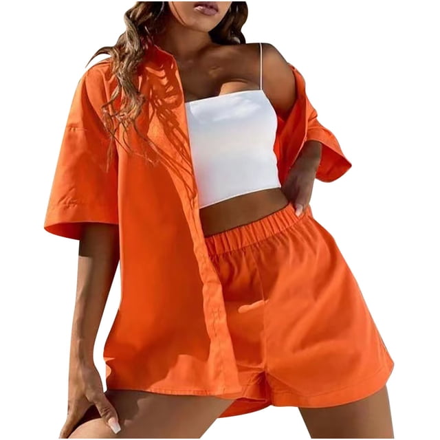 Birdeem Womens Spring and Summer Fashion Slim Button-Up Top Casual Shorts Solid Color Top/Shirt Suit
