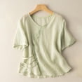 thumbnail image 1 of Meichang Hauts en Coton et Lin pour Femmes Décontractés d'Été à Manches Courtes à Col Rond T-Shirts Rétro Coupe Ample T-Shirts Unis Fluides Blouses Courtes de Vacances Vert TTG, 1 of 4