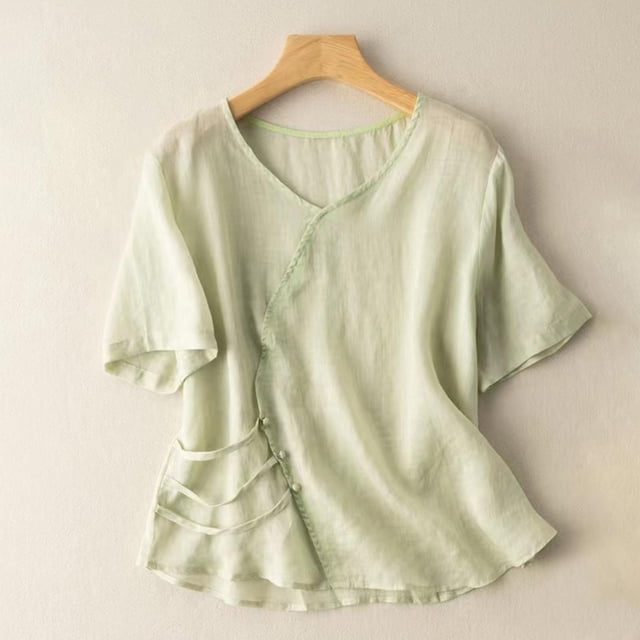 Meichang Hauts en Coton et Lin pour Femmes Décontractés d'Été à Manches Courtes à Col Rond T-Shirts Rétro Coupe Ample T-Shirts Unis Fluides Blouses Courtes de Vacances Vert TTG