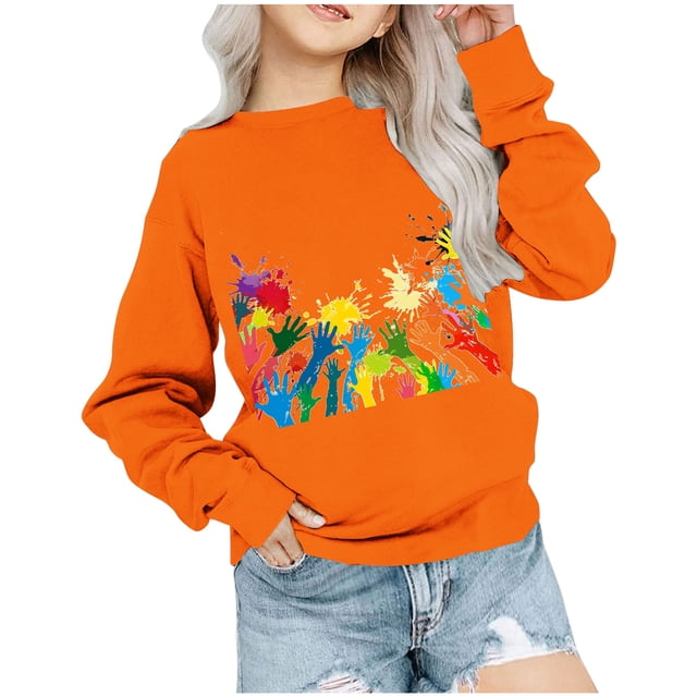 Dadaria T-Shirt Orange pour Enfants Hauts Manches Longues T-Shirt Col Rond Tee Matières Chandail d'Été Blouses 5 Ans