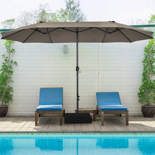 Gymax Parasol de Patio Double Face de 15 Pi, Parasol de Marché Jumelé avec Base Améliorée, Café