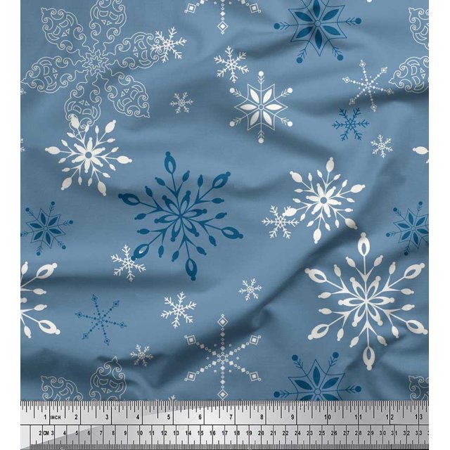 Soimoi Blue Modal Satin Fabric Snow Flakes Floral Fabric Prints By Yard 42 Inch Wide