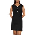 thumbnail image 4 of Liquidation d'Été 2025! Robe pour Femme Grande Taille, Liquidation de Robes d'Été pour Femmes, Robe de Travail pour Femme Unie à Col Rond Sans Manches avec Boutons Décoratifs, Coupe Ajustée, 4 of 5
