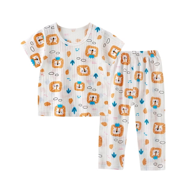 WERYOUNG Ensembles Filles Garçons Été Doux Imprimé Dessin Animé Manches Courtes Col Rond Haut et Pantalon Taille Élastique Ensemble Garçons Tenue d'Intérieur Confortable, Orange, 8-10 Ans