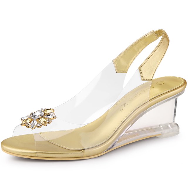 BLISSFUL STEP Sandales à Talons Compensés Transparentes pour Femmes avec Strass Or (Taille 8)