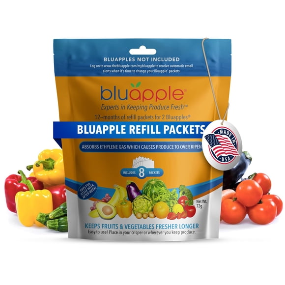 Bluapple Produce Saver Ethylene Gas Absorber One Year Refill Kit - Keeps Produce Fresher Longer In A Refrigerator Or Fruit Bowl - Contains Eight Packets For Two Freshness Saver Balls