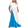 thumbnail image 1 of Besolor Robe d'Été Décontractée pour Femme à Blocs de Couleur, Manches Courtes, Col Ras du Cou, Plissée, Fluide, à Étages, Maxi avec Poches, 1 of 4