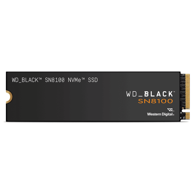 WD_BLACK 2TB SN8100 NVMe SSD, without Heatsink, PCIe Gen 5 - WDS200T1X0M-00CMT0 centered front-facing M.2 2280 NVMe module with visible gold edge connector and printed model text, specified PCIe Gen5 x4 performance up to 14,900 MB/s; suited for high-performance gaming storage, workstation drives, or as a scratch disk for content creation.