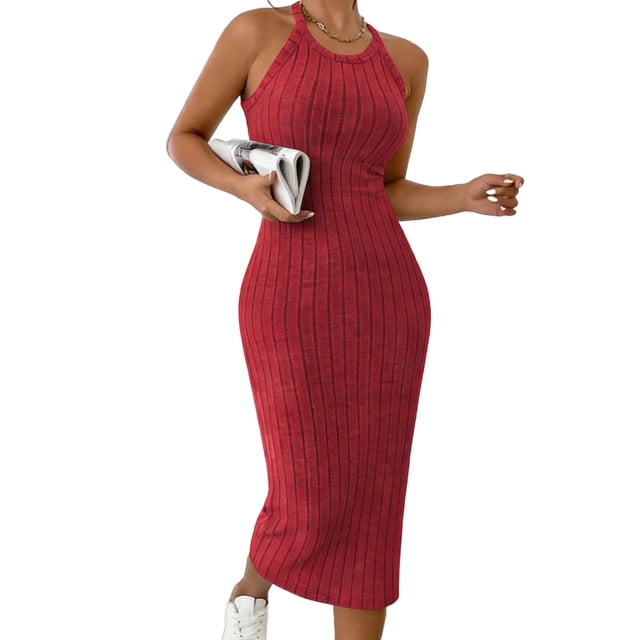 Oksale Robes Moulantes pour Femmes Sans Manches Côtelées Robe Maxi Ajustée Douce Extensible Confortable Col Ras du Cou Dos Nu Robes d'Été pour Fête de Vacances Rouge TG