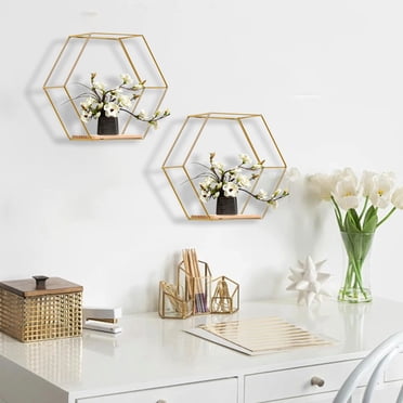 Czzoypi Étagères Flottantes Hexagonales Murales en Liquidation (Or), Étagères Flottantes Hexagonales Murales Étagère Murale Moderne en Métal Cloisons en Bois Simples Étagères de Rangement Support de Décoration Murale pour Chambre