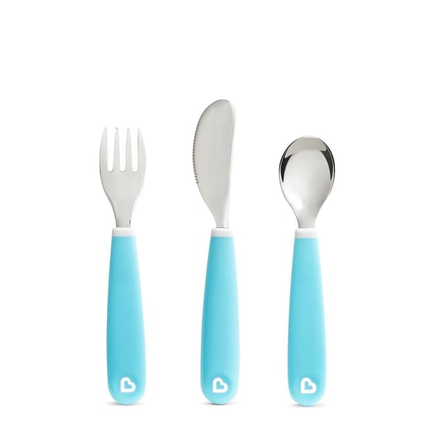 Munchkin® Splash™ Ensemble Fourchette, Couteau et Cuillère pour Tout-Petits avec Poignées Ergonomiques Bleues et Têtes en Acier Inoxydable, Conçu pour l'Auto-alimentation des Tout-Petits avec Couverts à Prise Facile et Bord de Couteau Sécuritaire, Idéal pour Manger de Façon Autonome et Va au Lave-Vaisselle.