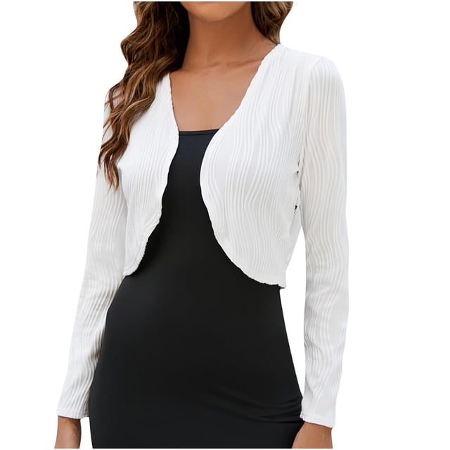 Boléros à Manches Longues pour Femmes, Cardigans Courts Côtelés à devant Ouvert, Hauts Légers, Couvre-Maillots pour Robe en Blanc, Taille P. le cardigan Présente une texture Côtelée, un design à devant Ouvert et des Manches Longues. Fabriqué en Matériau Léger, Respirant et Extensible, Il Convient pour Superposer sur des Robes Ou des Tenues Décontractées. Idéal pour le Printemps, l'Été et l'Automne.