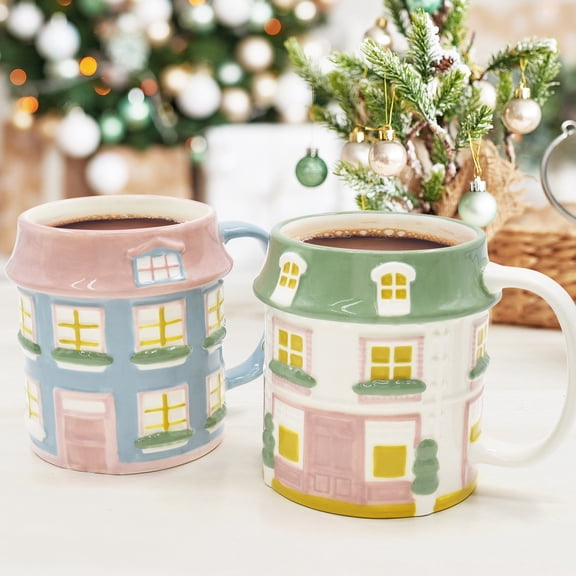 Holiday Time Maison De Noel Collection Ensemble de tasses Maison de Noël, multicolore, en grès, vaisselle festive, Unisexe, 2 Pièces