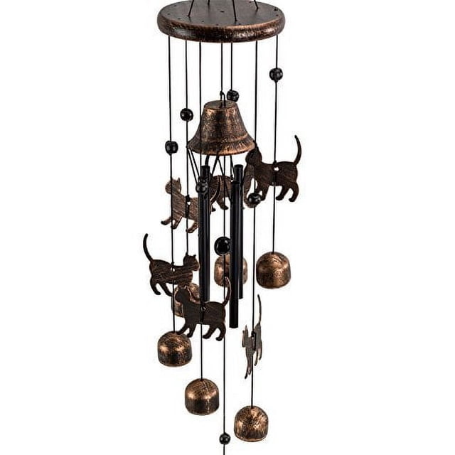 Dawhud Direct Cats 27" Wind Chimes with a kitten-themed design, crafted from durable iron metal. Features cat-shaped ornaments and bells hanging from a circular top, producing soothing tones. Perfect for outdoor decor in patios or gardens, and suitable as a memorial or gift for cat lovers, moms, or grandmas.