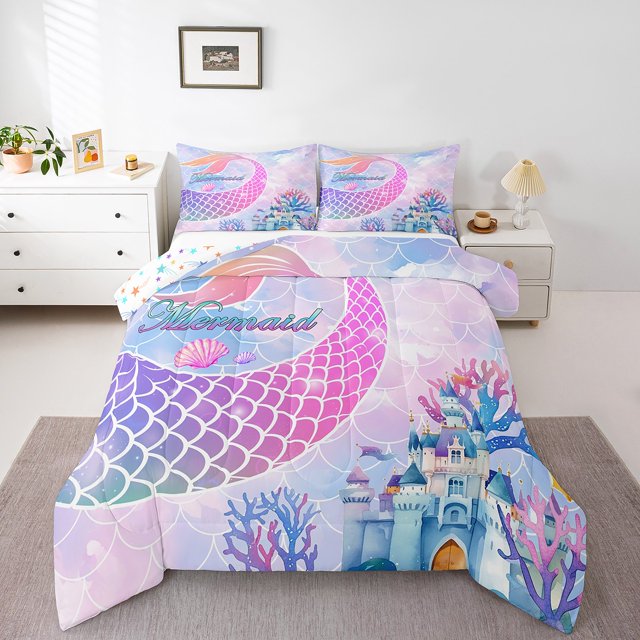 Erosebridal Mermaid Bedding Twin Comforter Set,Castle Seashell Down Comforter,Princess Room Decorative,Reversible,2-Piece