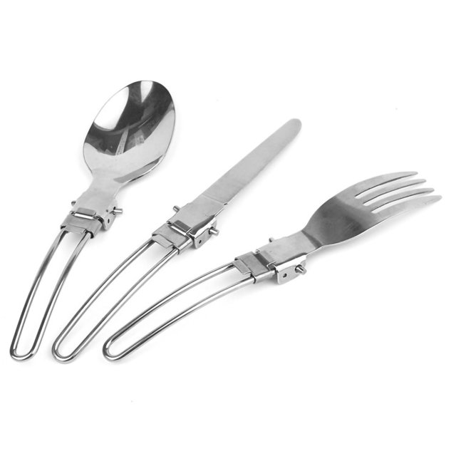 Ensemble 3 Pcs Couteau Fourchette Cuillère Ensemble de Couverts de Camping en Acier Inoxydable Pliable Portable