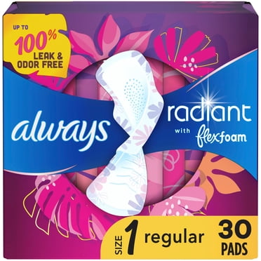 Always Radiant Feminine Pads for Women, Size 1 Regular, with Wings, Light Clean Scent