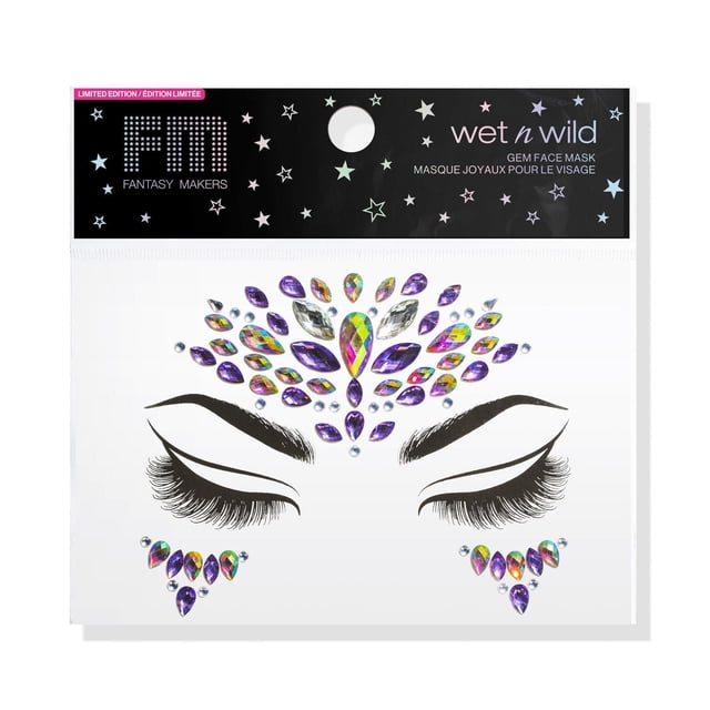 Fantasy Makers Gem Face Mask - Alien Babe by wet n wild, a self-adhesive face mask with multicolored and purple gem stickers arranged above and below stylized black closed eyes with long lashes on white backing, suitable for festival and party looks.