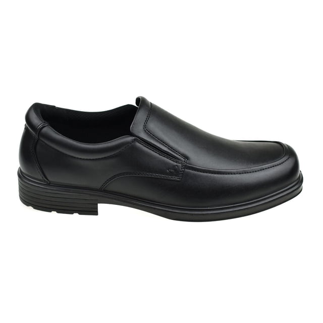 GEORGE MEN'S SLIP ON DRESS SHOE in black leather-like upper with loafer style and elastic twin gore panels, featuring a durable rubber outsole and slip-on design, shown in side profile on white background, suitable for men's casual and dress wear and often used for easy office or event footwear.