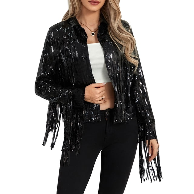 Gupgi Women Sparkly Sequins Jacket Shiny Glitter Open Front Tassel Fringe Coat Disco Jacket