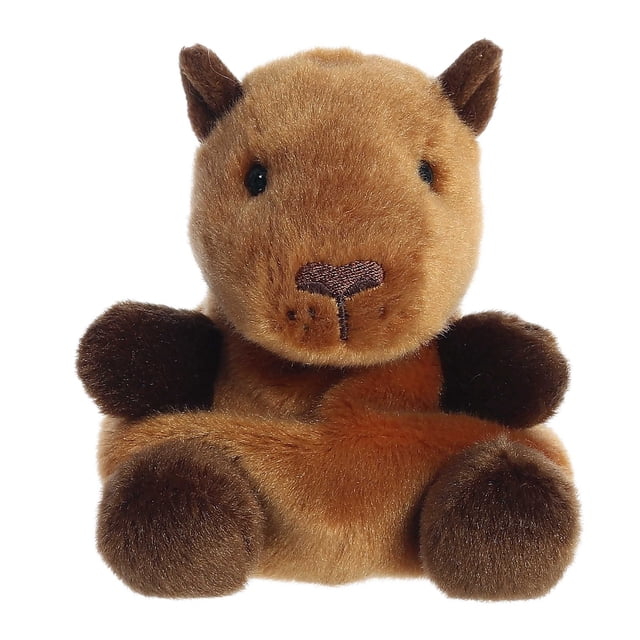 Aurora Palm Pals - Sid Capybara 5-inch stuffed animal plush toy featuring soft brown fur with darker patches on its paws, a stitched nose, and sparkling black eyes. Made with high-quality materials for a fluffy touch and filled with bean pellets for stability. Suitable for all ages and part of the #palmpalsparty collection.