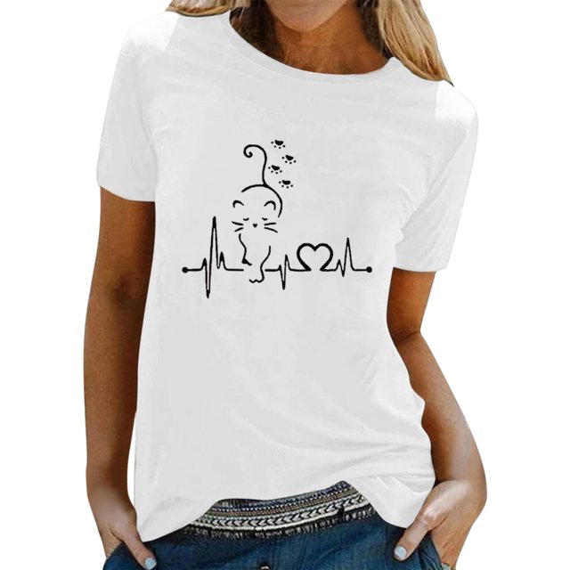 TSADFHJI Débardeurs d'Entraînement pour Femmes avec Soutien-Gorge Intégré Femmes Printemps Été T-Shirt à Manches Courtes à Col Rond Imprimé Chats Haut S Blanc