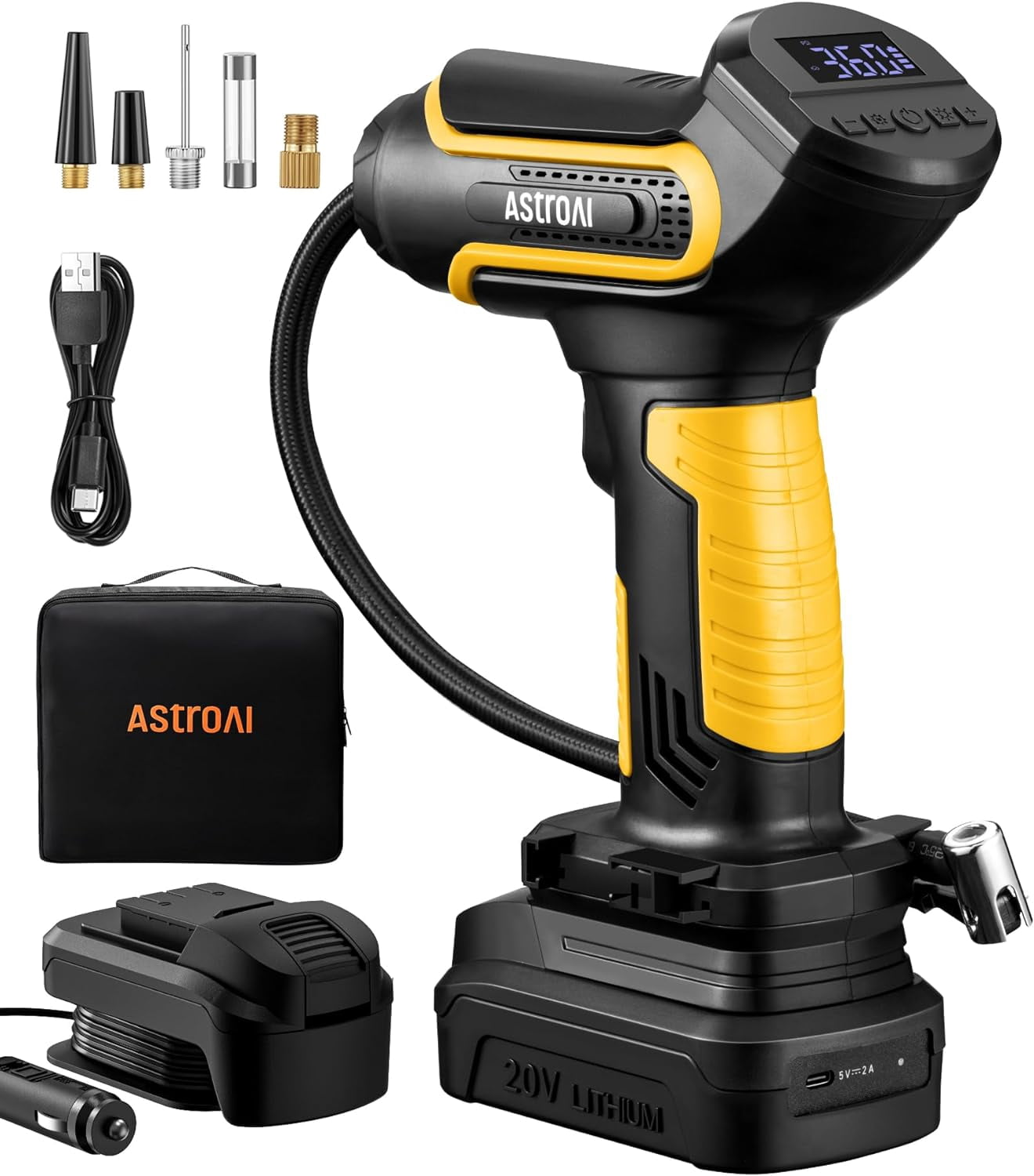 AstroAI Tire Inflator, Air Compressor Cordless Car Tire Pump, 20V Rechargeable Li-ion Battery Powered 150PSI Handheld Air Pump with 12V Car Power Adapter