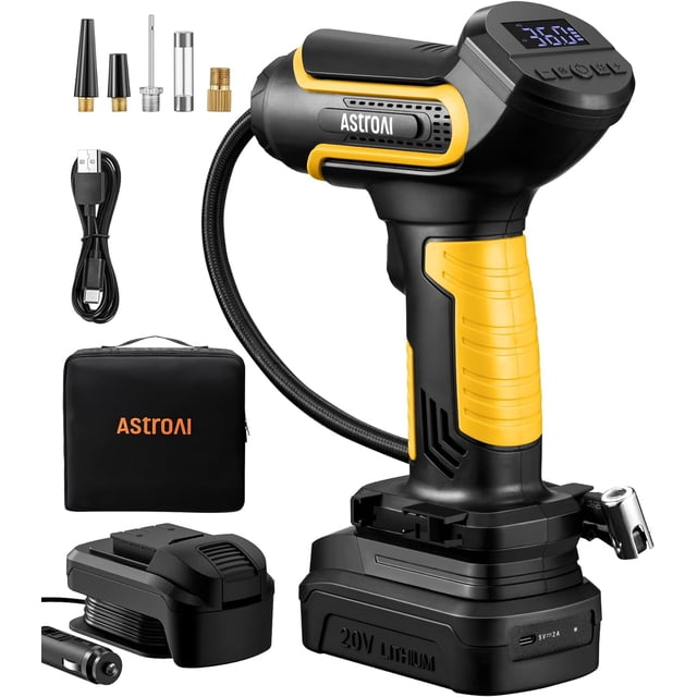 AstroAI Tire Inflator, a portable cordless air compressor with a 20V rechargeable lithium-ion battery, designed for inflating car, bicycle, motorcycle, and sports equipment tires up to 150 PSI. Features include an LCD screen for real-time pressure monitoring, auto shutoff, and preset inflation modes. Includes accessories such as inflation nozzles, a 12V car power adapter, a USB charging cable, and a carrying case, ideal for automotive repair and travel use.