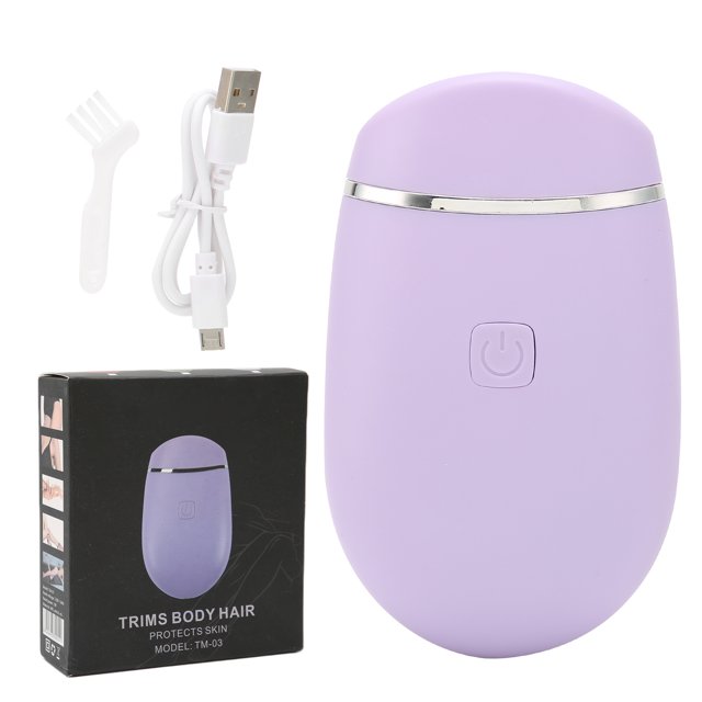 Electric Shaver, Women Electric Razors USB Charging for Hair Removal in a compact purple design. Includes a USB charging cable, cleaning brush, and user manual. Features a 3-in-1 R-shaped blade for safe hair removal, a single-button operation, and an 800mAh lithium battery for long-lasting use. Its portable size makes it ideal for travel or on-the-go grooming.