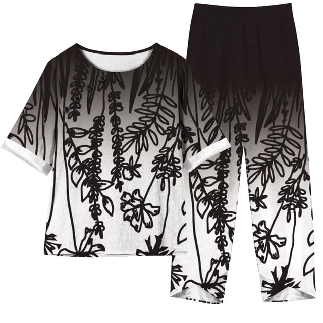 Mikilon Ensemble Élégant pour Femmes 2 Pcs Imprimé Manches 5/10 Col Rond + Pantalon Décontracté Ensemble Chic et Confortable Manches Courtes Col Rond Gris Foncé m