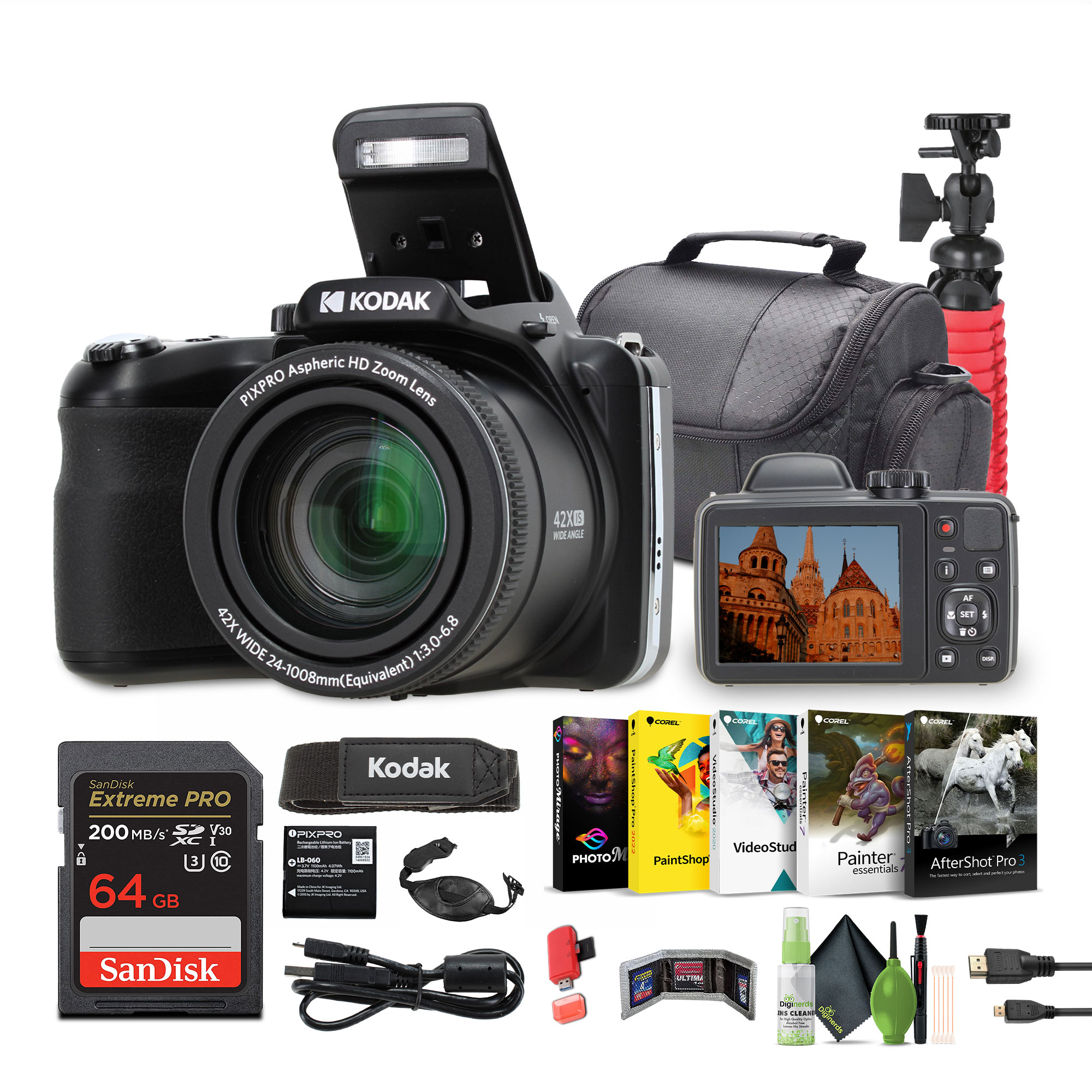 Kodak PIXPRO AZ425 20MP Vlogging Digital Camera (Black) 24mm Wide Angle Lens Bundle with 64GB Memory Card and More