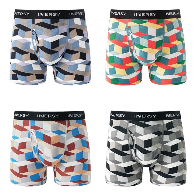 INNERSY Men's Underwear Soft Mesh Breathable Boxer Briefs 4-Pack in small size with colorful geometric patterns. The pack includes four pairs of lightweight, breathable boxer briefs featuring vibrant 3D cube designs in various color combinations. Each pair is crafted from soft, elastic, and durable fabric, ensuring comfort and support for daily wear or workouts. The waistband displays the INNERSY logo, and the placket design adds convenience. Ideal for staying cool during summer.