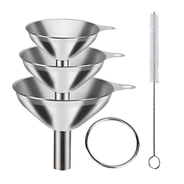 Dvkptbk Mini Funnel Stainless Steel Kitchen Funnel Set with three food-grade metal funnels in small, medium, and large sizes, a cleaning brush, and an organizing ring. Perfect for filling bottles and containers with liquids, powders, or spices. Durable stainless steel design makes it a reliable kitchen gadget for home use and easy cleaning.