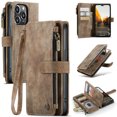 thumbnail image 1 of CaseMe Wallet Case Premium Handmade PU Leather Phone Case Card Slots Magnetic Closure Zipper Pocket Kickstand Flip Case with Hand Strap for iPhone 14 Pro Max (Brown), 1 of 10