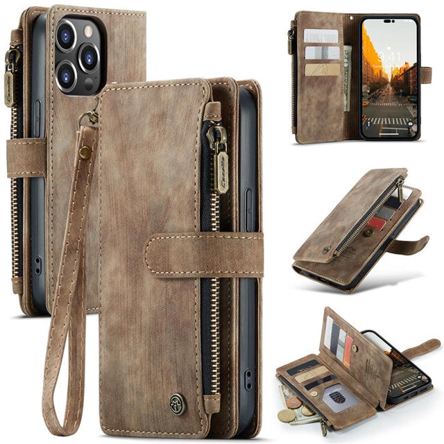 CaseMe Wallet Case Premium Handmade PU Leather Phone Case Card Slots Magnetic Closure Zipper Pocket Kickstand Flip Case with Hand Strap for iPhone 14 Pro Max (Brown)