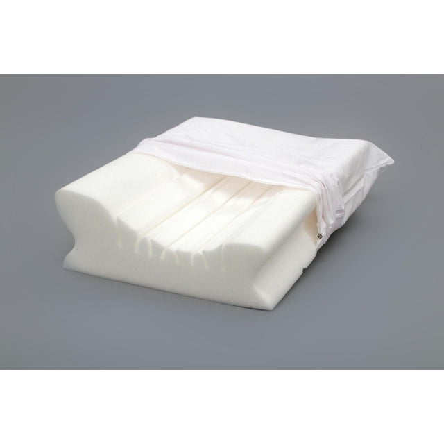 Bodyform® Orthopedic Neck Support Pillow with a white zippered percale polyester and cotton cover partially removed, revealing the white “Pillow Soft” polyurethane foam with twin height contours for side and back sleepers to reduce neck pain and snoring, made in Canada.