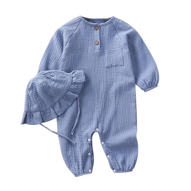LYHaoo Jumpsuits For Boys Infant Girls Boys Linen Long Sleeve Rompers Button Down Baby Girls Summer Clothes With Ruffled Bonnet Hat,Sizes 6-12 Months(Blue)